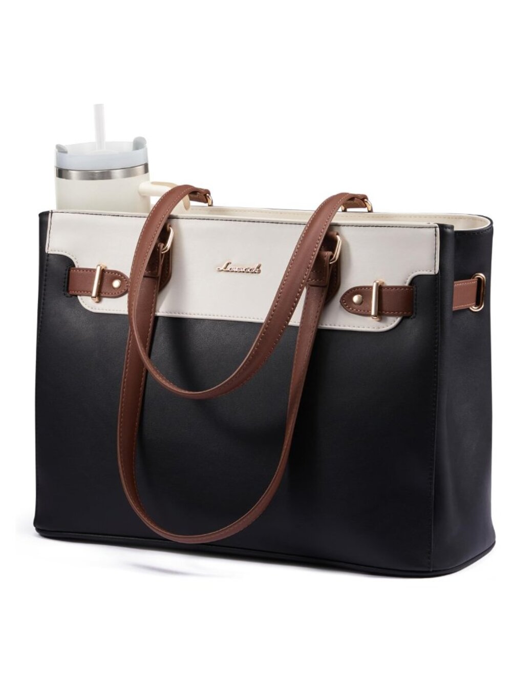 Waterproof Faux Leather Laptop Tote Bag with Cup Holder 15.6 inch Work Bag